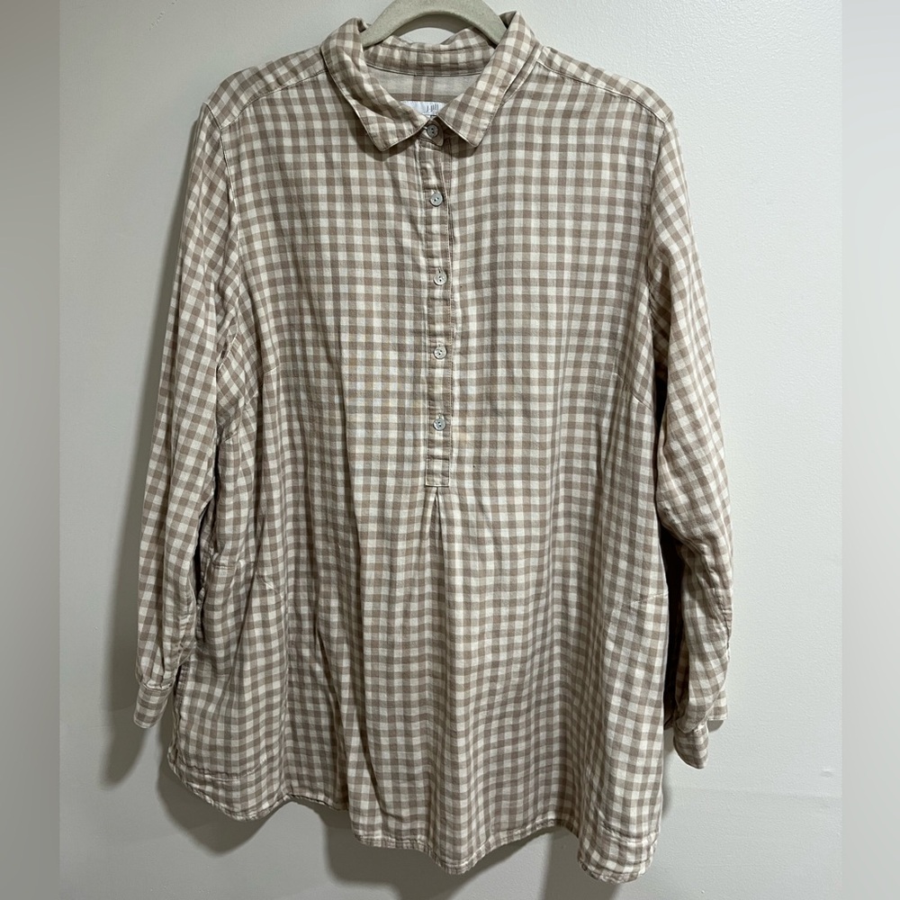 J. Jill Beige and Cream Plaid Women's 1/2 Button Tunic Shirt 2X Pockets